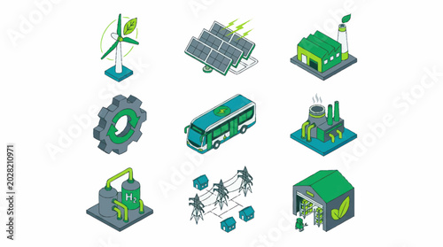 Billede på lærred Isometric Green Energy Icons Depicting Renewable Sustainable Resources