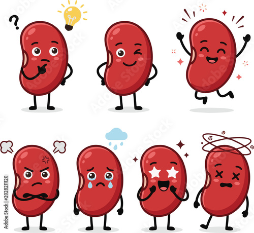 Red bean cartoon character set. Kidney bean mascot with various emotions. Thinking, winking, happy, angry, sad bean vector collection. Flat design vegetable mascot icons. Healthy legume character 