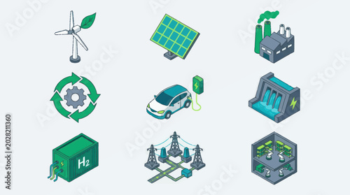 Foto Isometric Illustration of Sustainable Energy Sources and Green Technologies