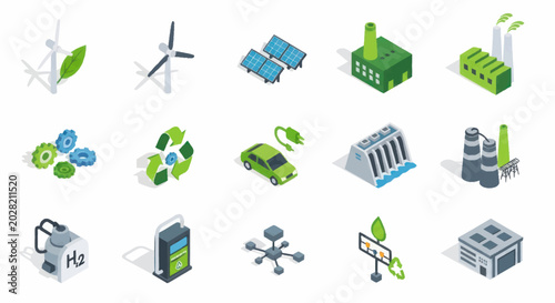 Bild auf Leinwand Isometric illustrations of renewable energy sources and sustainable technologies