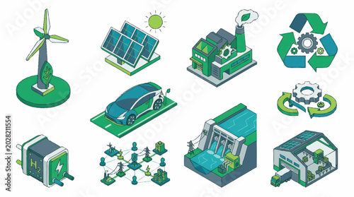 Bild auf Leinwand Isometric Illustrations of Renewable Energy Sources and Sustainable Technologies