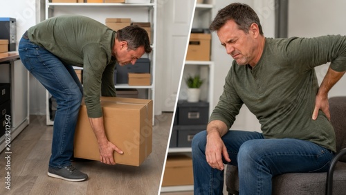 Lifting heavy box without proper technique leading to back pain