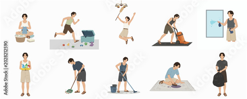 Bild auf Leinwand Young Man Performing Various Household Chores and Cleaning Activities Set, Minim