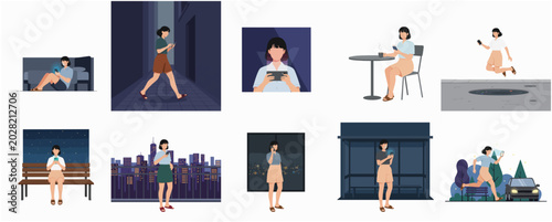 Bild auf Leinwand Young Woman Addicted to Smartphone in Various Daily Nighttime Situations, Digita