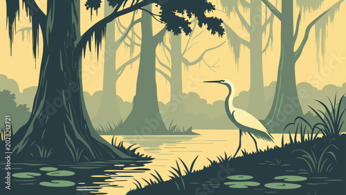 Photos Stylized vector landscape of a white egret in a cypress swamp bayou