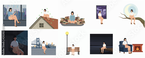 Quadro su tela Collection of flat illustrations of a woman in various solitary and melancholic settings, depicting introversion and mental health themes
