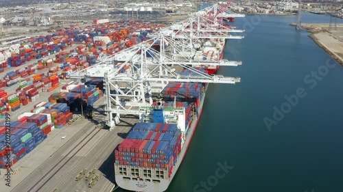 Ships at a Containter Dock Long Beach California Drone Aerial View