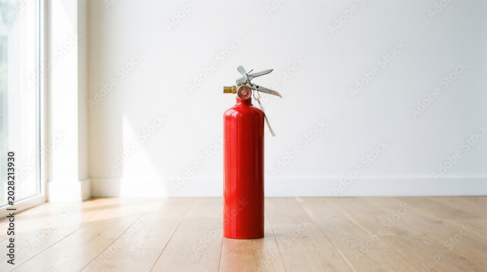 Obraz premium A red fire extinguisher stands upright on a wooden floor against a plain white wall, illuminated by natural light from a nearby window.