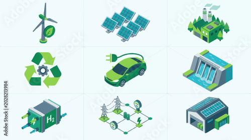 Photos Isometric Green Energy Icons Depicting Renewable Power Sources and Sustainability