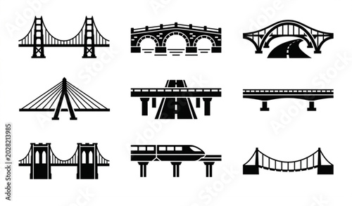 Fotografie Collection of bridge silhouettes and icons