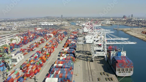 Ships at a Containter Dock Long Beach California Drone Aerial View