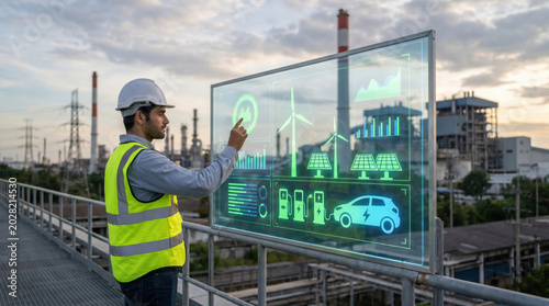A construction engineer in a safety vest and helmet interacts with a futuristic transparent digital screen displaying renewable energy and electric vehicle icons at an industrial site.