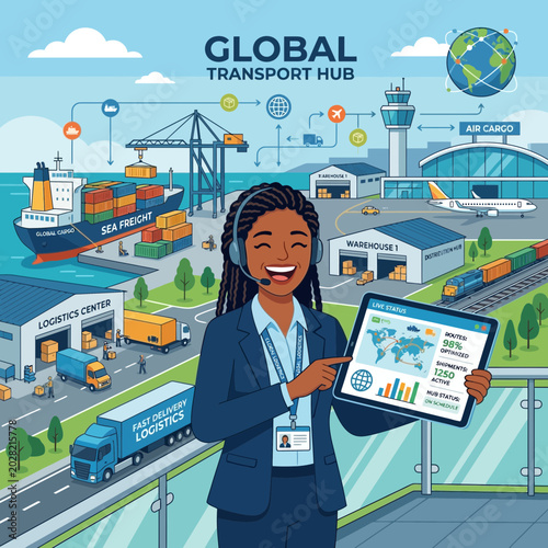 Professional logistics manager using a tablet to monitor global transport and supply chain operations.