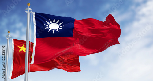 National flags of China and Taiwan waving in the wind on a clear day. China claims Taiwan as its territory, Taiwan self-governs and resists unification. 3d render illustration. Rippling fabric