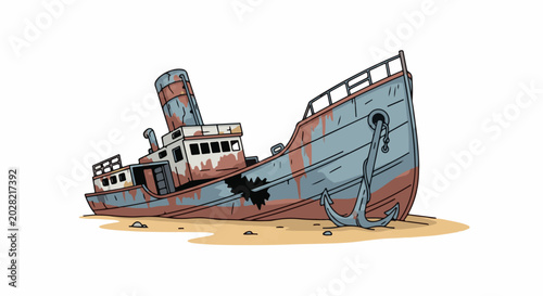 An old, rusted shipwreck lies partially submerged on a sandy shore, its hull broken