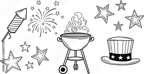 Foto Fourth of july celebration doodle set silhouette featuring fireworks grill and u