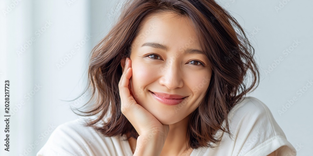Naklejka premium Portrait of a smiling asian woman in soft light