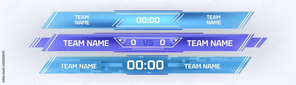 Obraz premium Sports match scoreboard templates set isolated on background. Vector realistic illustration of blue digital display panels for soccer, basketball games, team statistics and timer for broadcasting