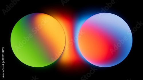 Abstract minimalist background. Two round buttons with multicolored gradients, illuminated with neon light. 3d render