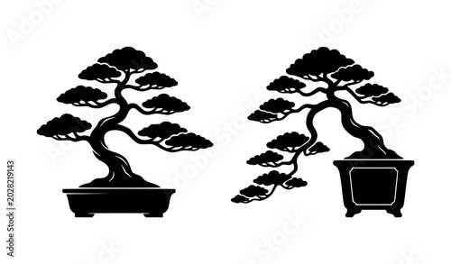 Bonsai Tree Black Silhouette Vector Illustration Collection Design