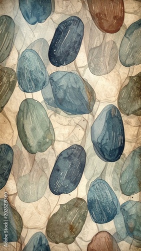 Watercolor illustration of smooth, rounded river stones and pebbles. Organic texture in calming blue, grey, and brown tones provides a serene natural background