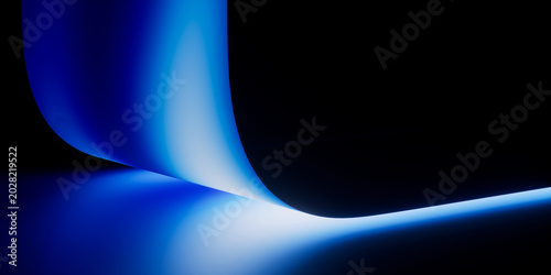 Two intersecting blue neon curves forming a luminous shape on pure black. Bold dramatic light intersection abstract background for technology and creative branding.