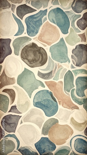 Abstract Watercolor Pattern of Irregularly Shaped Pebbles in Earthy Tones