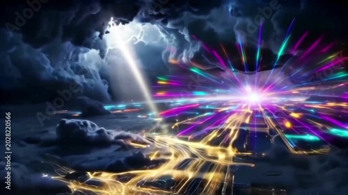 Futuristic Cyber City with Colorful Neon Laser Flare and Divine Light Beam from Storm Clouds