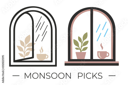 2 Minimalist Monsoon Picks Window Plant Mug Flat Vector Poster Retail Branding