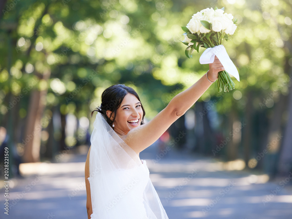 Fototapeta premium Happy woman, flowers and outdoor with portrait for wedding, celebration and relationship achievement. Bride, excited and bouquet at venue for commitment, matrimony event and special day in Costa Rica