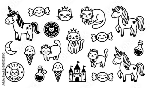 Schilderij op canvas Cute Unicorn, Candy, Ice Cream, Castle and Magic Fantasy Doodle Vector Collectio