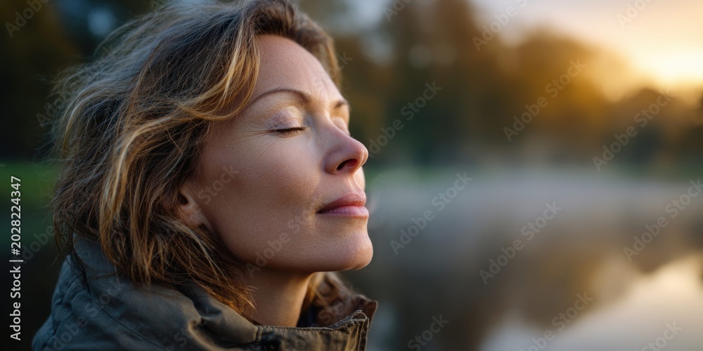 Obraz premium Serene woman with eyes closed breathing deeply in nature at sunrise, feeling peaceful