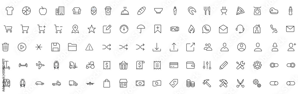 Fototapeta premium Outline vector icons for e-commerce food and interface navigation.