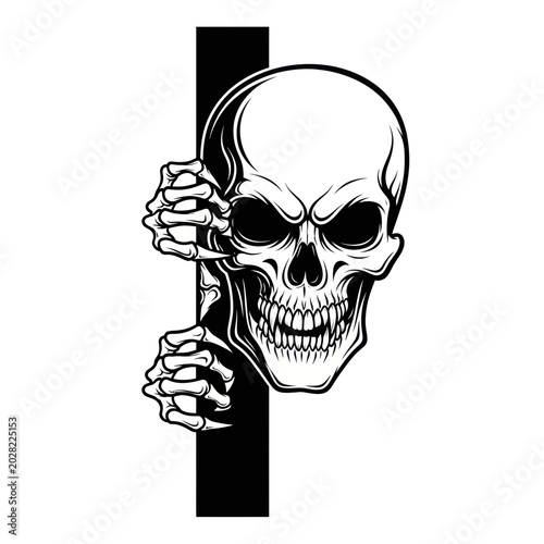 Canvas Print Scary Skull Peeking from Behind Black Bar - Horror Graphic