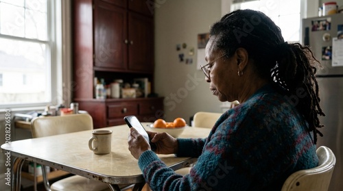 Older woman scrolling a health app on her smartphone in a cozy kitchen