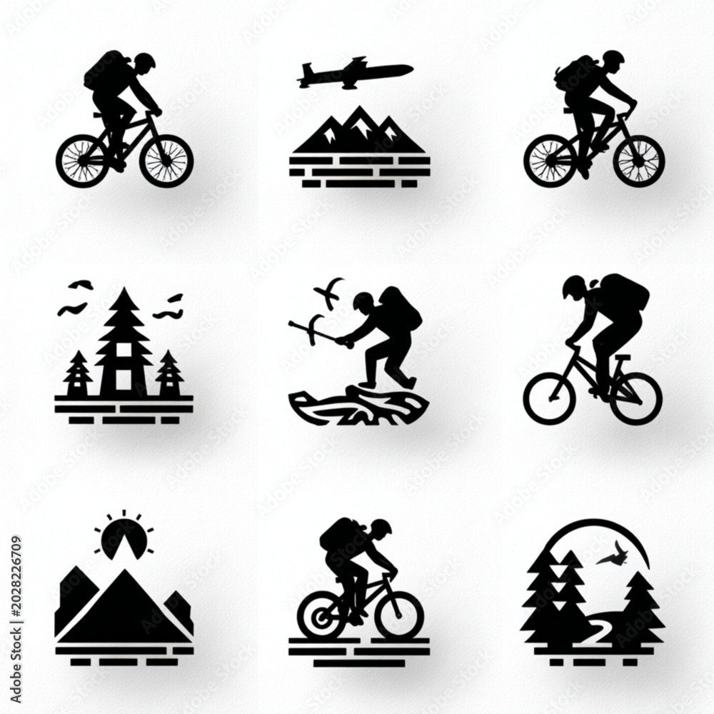 Fototapeta premium Set of outdoor activity icons featuring mountain biking, hiking, and scenic landscapes with trees and mountains, representing adventure and nature exploration