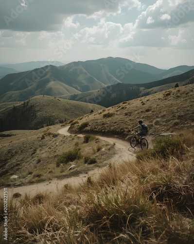 Mountain biker riding on a winding dirt trail in the mountains