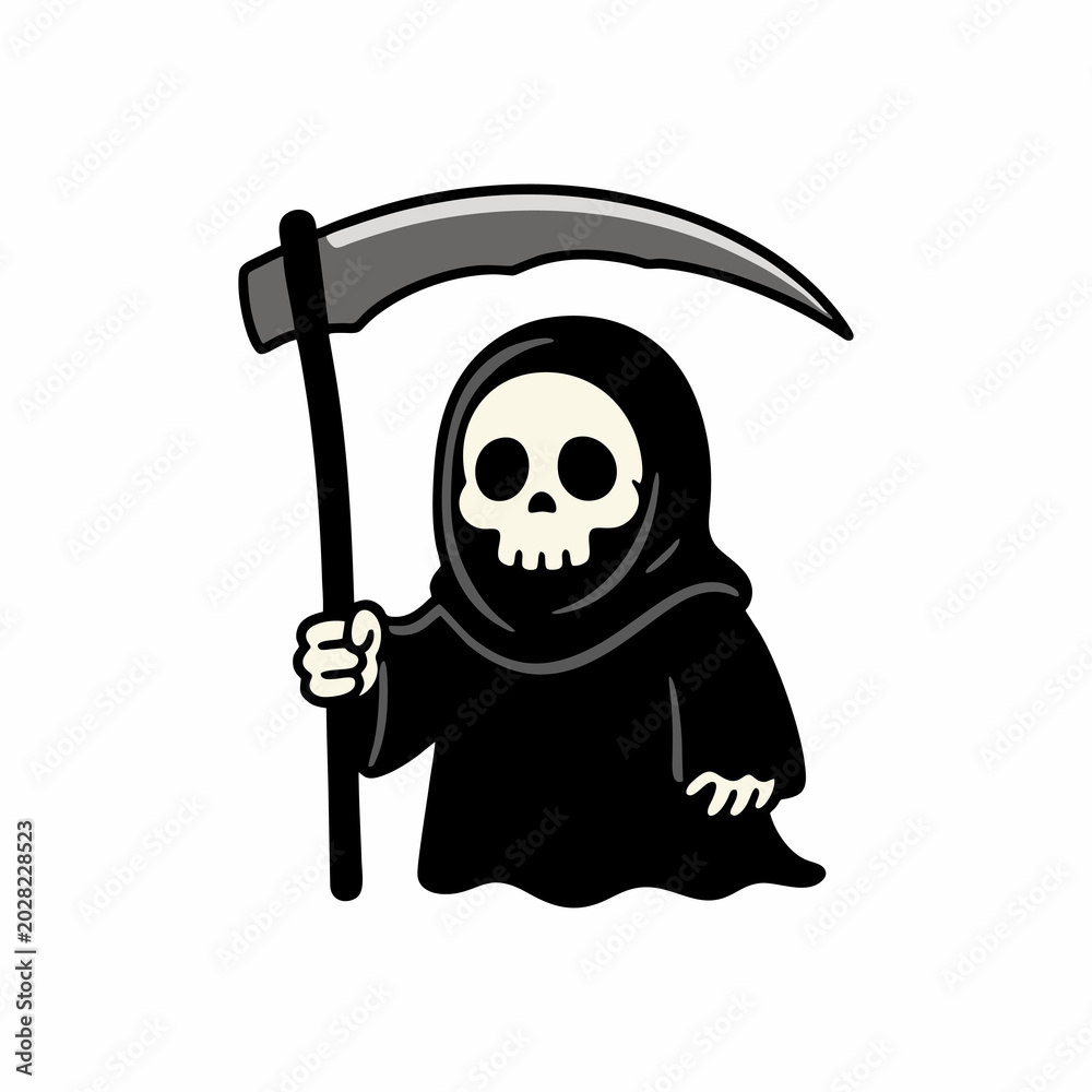 Fototapeta premium Cute cartoon grim reaper holding a scythe isolated on white background