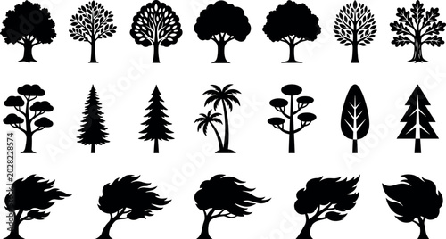 Tableau sur toile Set of black tree silhouettes including deciduous, evergreen, palm, and windblow