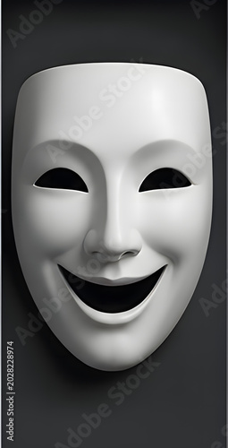 Plain white theater mask with a wide grinning smile grinning performance