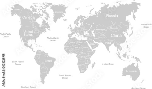 Gray World Map Vector Background with Country Labels