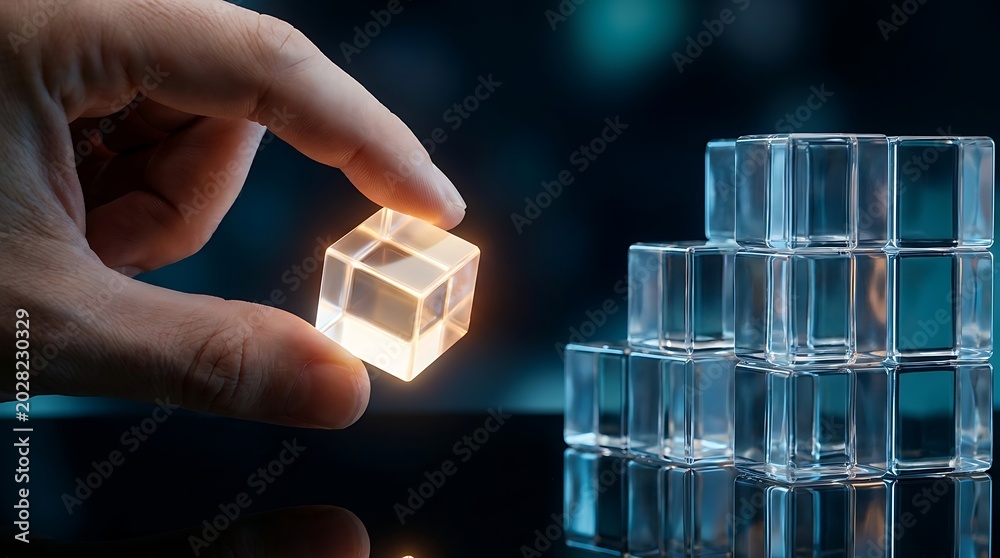 © Ridwan_DigitalGrid - Hand holding glowing cube placing it onto a stack of transparent blocks symbolizing innovation, creation, and building blocks of success in technology. © Ridwan_DigitalGrid - Hand holding glowing cube placing it onto a stack of transparent blocks symbolizing innovation, creation, and building blocks of success in technology.
