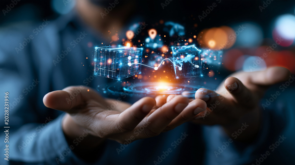 Fototapeta premium Abstract transportation concept featuring glowing holographic cargo and route symbols suspended above male hands, representing the digital future of freight management and supply chain