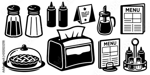 Foto American diner condiment and table setting black silhouette icon set with salt p