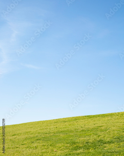 Vertical green hill and blue sky background with large copy space