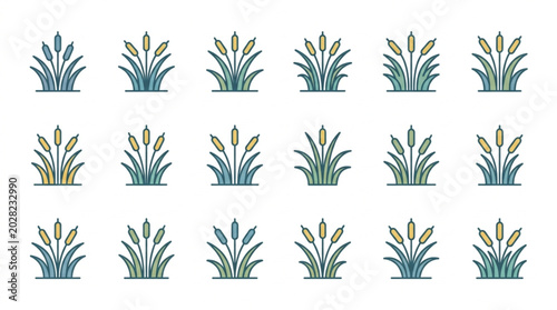 Photos Collection of stylized cattail plant icons in various colors.