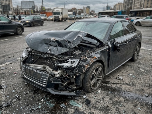 Damaged black sedan with crushed front end parked on wet urban street