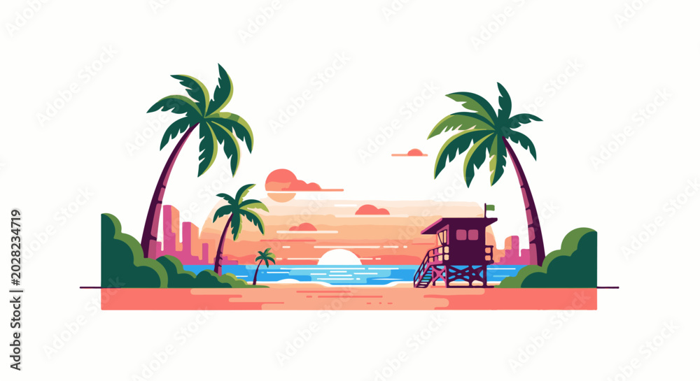 Obraz premium Pixelated sunset beach with palm trees, lifeguard stand, and city skyline