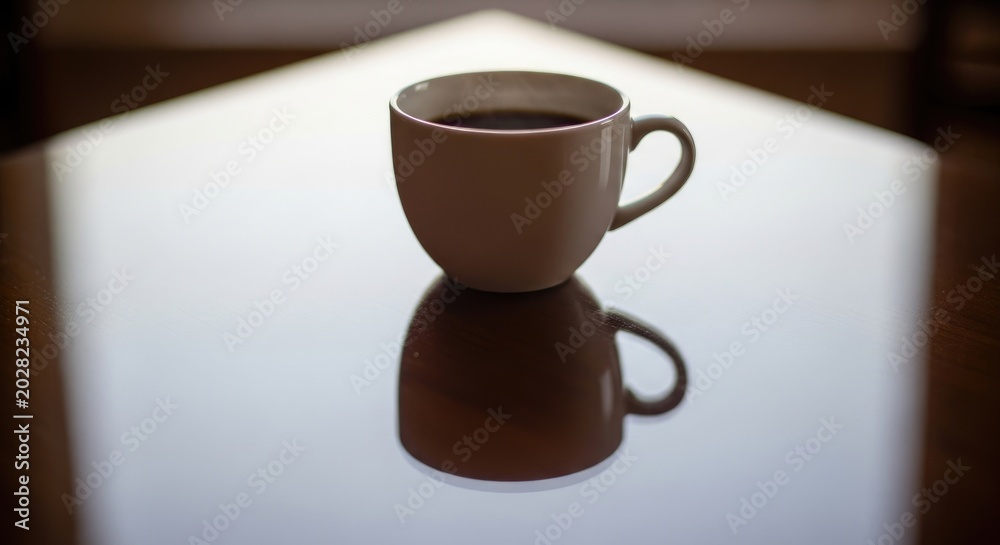 Obraz premium Elegant Coffee Cup Reflecting on a Smooth, Clean Surface with Soft Lighting.