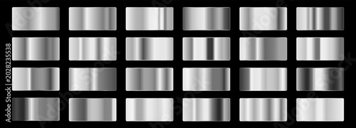 Silver gradient set. Realistic metallic silver textures with smooth gradients and shine effects. Vector illustration for luxury design, premium background and modern UI concepts.